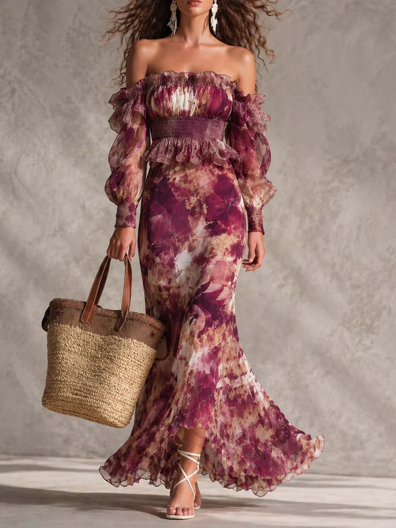 Aurora Vestido Maxi de Gasa Rosa con Hombros Descubiertos Precio rebajado