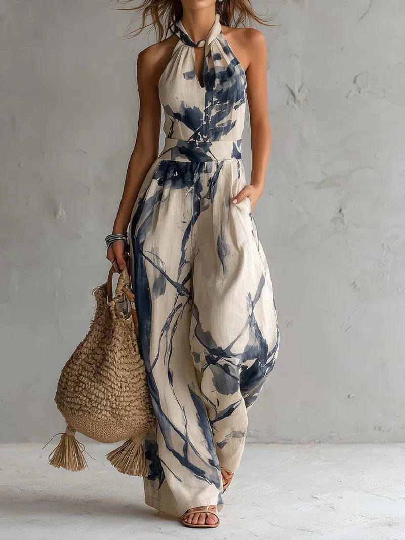Silvia Mono con Escote Halter, Estampado Efecto Tinta, Pernera Ancha y Bolsillos