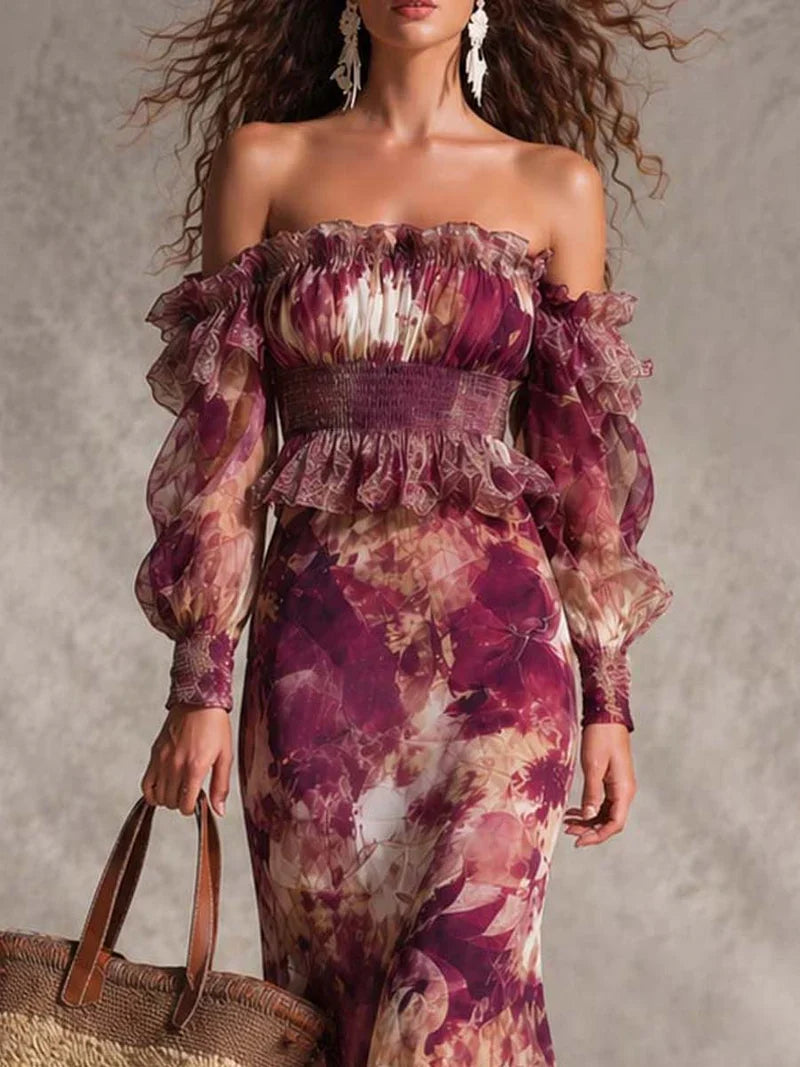 Aurora Vestido Maxi de Gasa Rosa con Hombros Descubiertos Precio rebajado