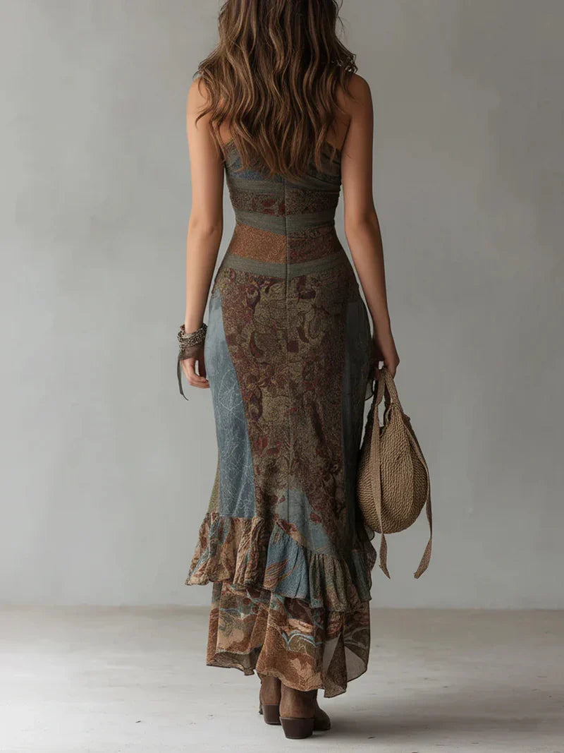 Noa Vestido Maxi Estampado de Estilo Étnico con Hombro Descubierto y Abertura Lateral