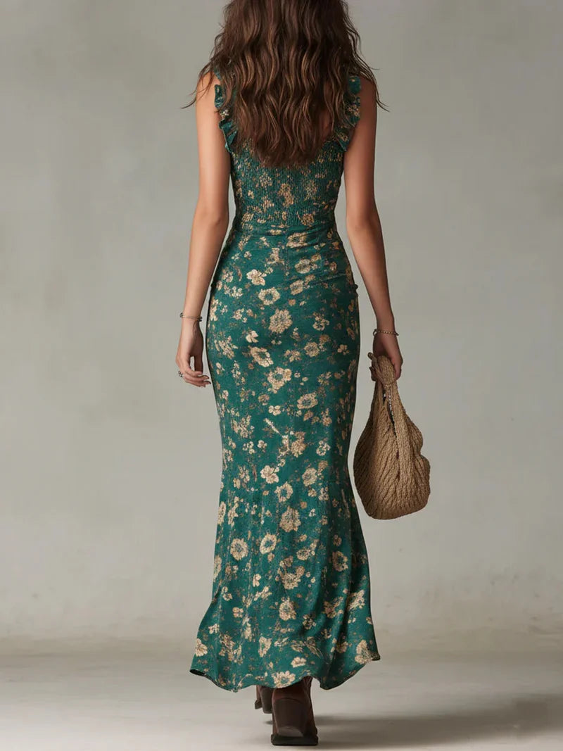 Victoria Vestido Maxi Bohemio Verde Estampado con Mangas de Volantes
