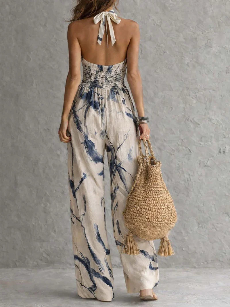 Silvia Mono con Escote Halter, Estampado Efecto Tinta, Pernera Ancha y Bolsillos
