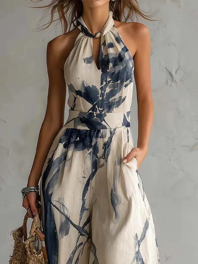 Silvia Mono con Escote Halter, Estampado Efecto Tinta, Pernera Ancha y Bolsillos