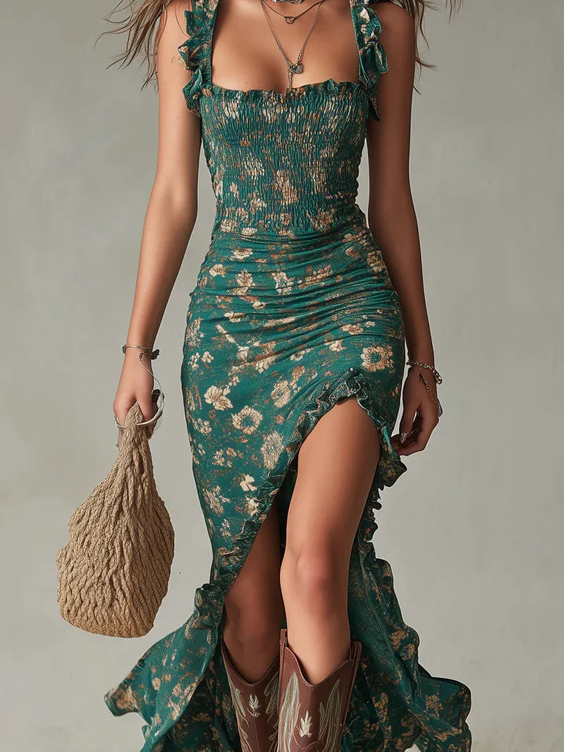 Victoria Vestido Maxi Bohemio Verde Estampado con Mangas de Volantes