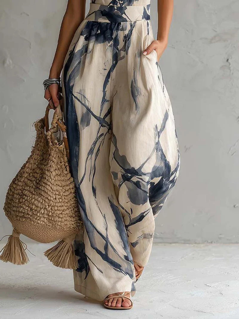 Silvia Mono con Escote Halter, Estampado Efecto Tinta, Pernera Ancha y Bolsillos