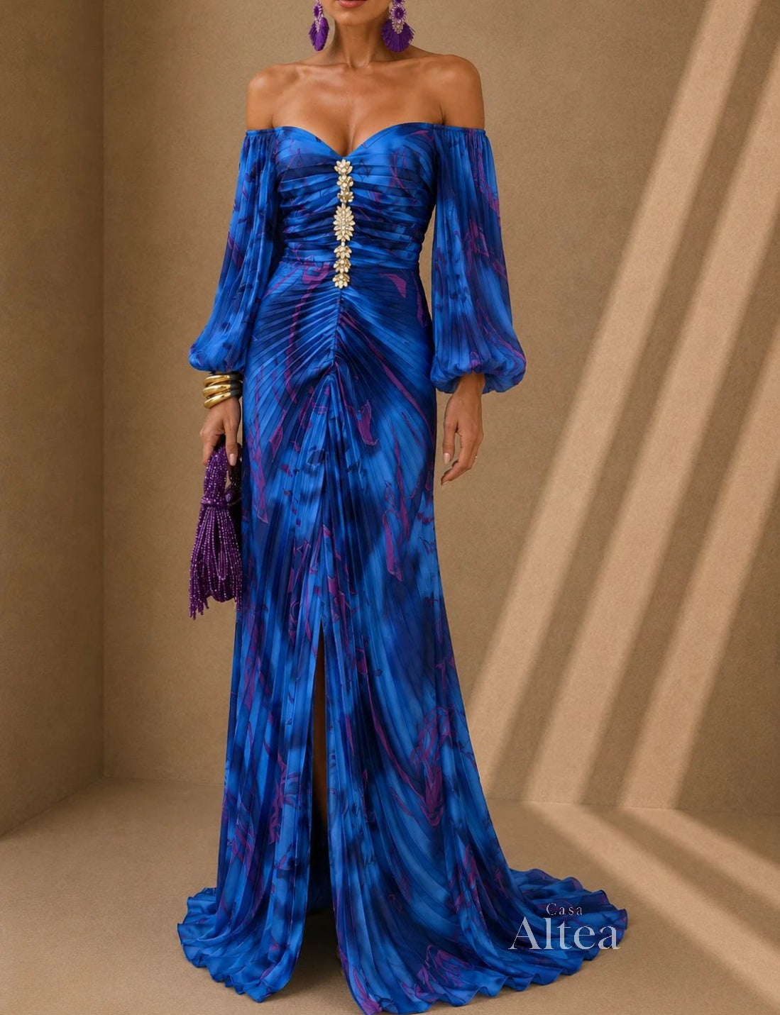 Coleta Vestido Maxi Estampado con Fruncido Central
