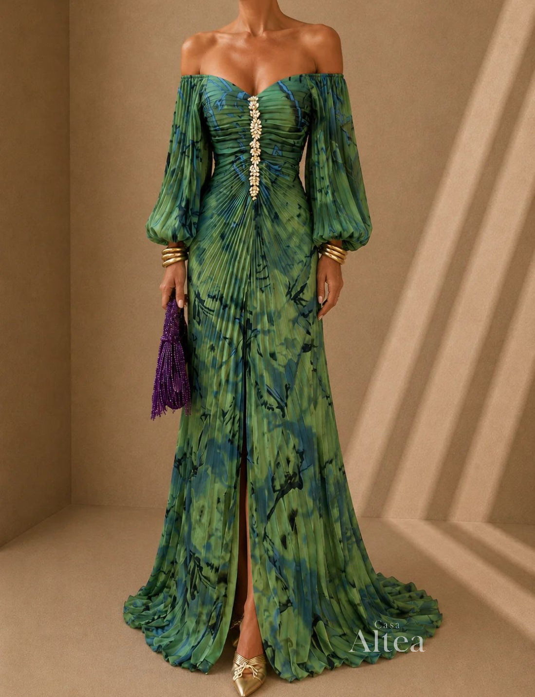 Coleta Vestido Maxi Estampado con Fruncido Central