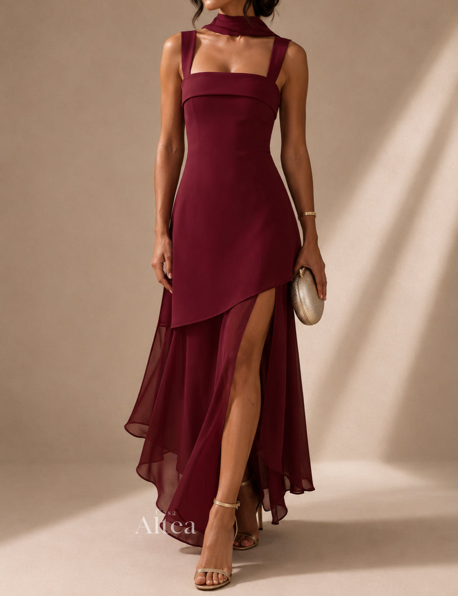 Celia Vestido Maxi Borgoña con Detalle de Lazo y Falda de Gasa