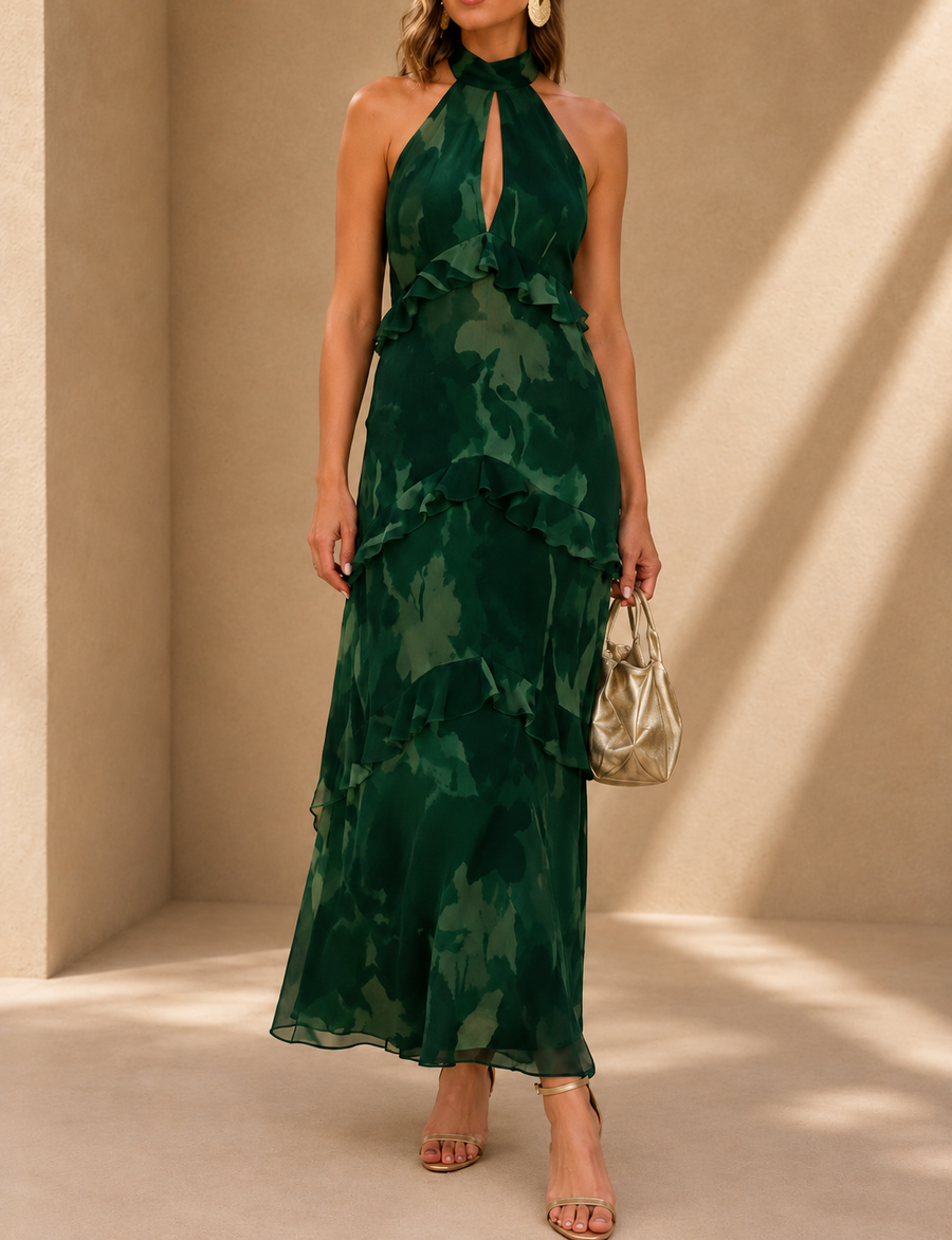 Cleofe Vestido Maxi Halter con Volantes