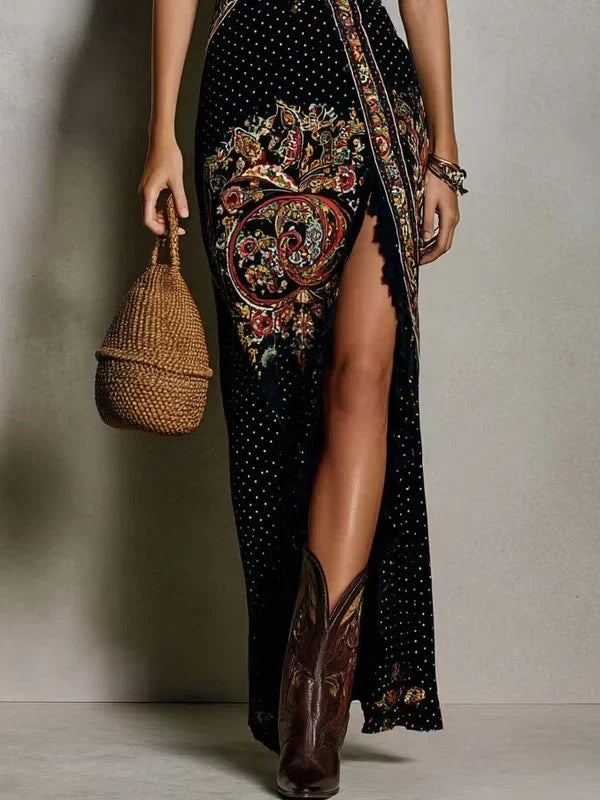 Olivia Vestido Estampado de Estilo Bohemio con Escote en V Profundo y Abertura Lateral