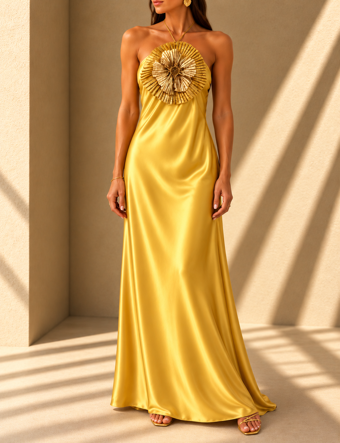 Solenne Vestido Maxi Satinado con Flor Halter