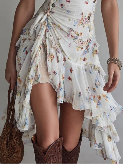 Martina Vestido Mini de Viscosa con Tirantes Finos y Estampado Floral Retro