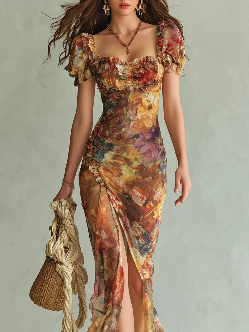 Miriam Vestido Maxi de Chiffon con Estampado Bohemio de Inspiración Óleo en Tonos Naranja