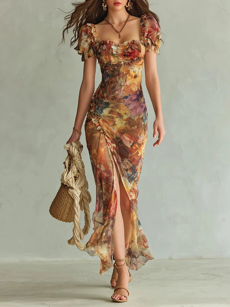 Miriam Vestido Maxi de Chiffon con Estampado Bohemio de Inspiración Óleo en Tonos Naranja