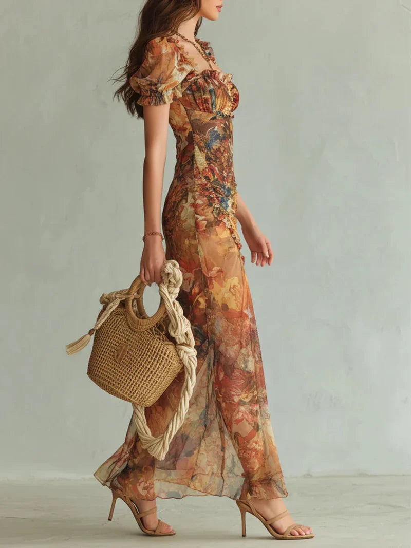 Miriam Vestido Maxi de Chiffon con Estampado Bohemio de Inspiración Óleo en Tonos Naranja