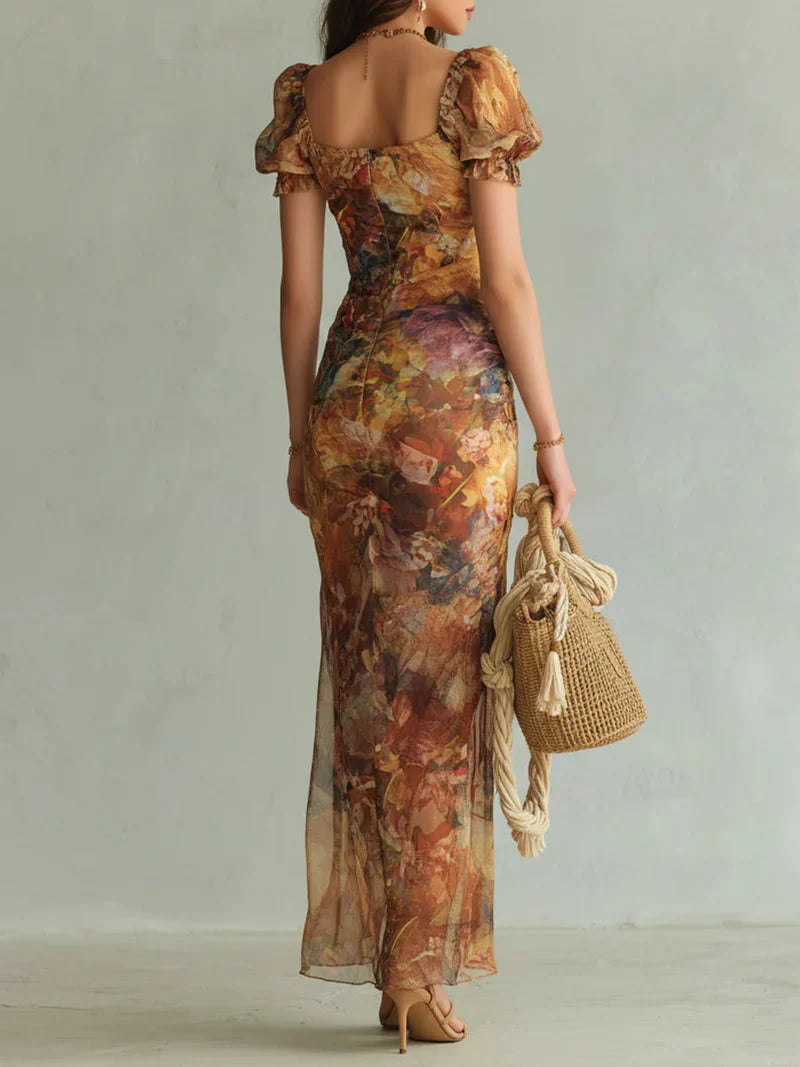 Miriam Vestido Maxi de Chiffon con Estampado Bohemio de Inspiración Óleo en Tonos Naranja