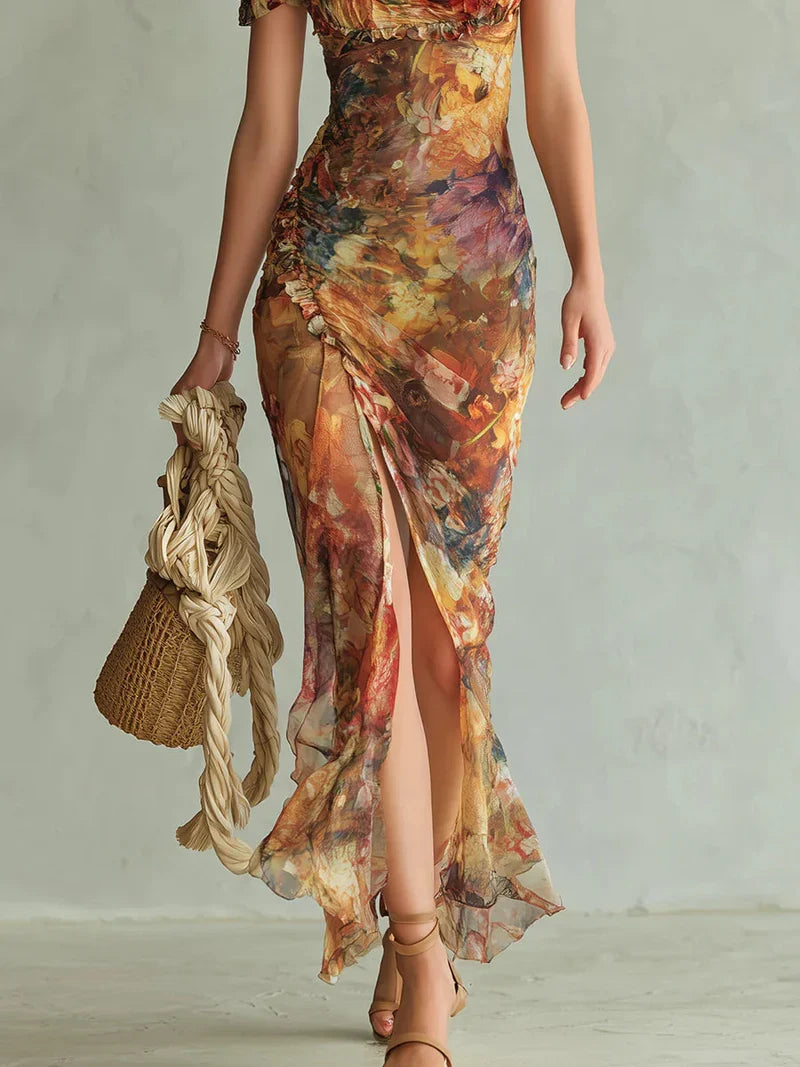 Miriam Vestido Maxi de Chiffon con Estampado Bohemio de Inspiración Óleo en Tonos Naranja