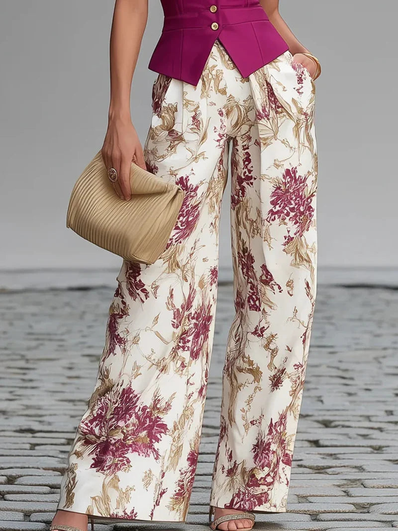 Malena Chaleco Rosa sin Mangas y Pantalón Ancho con Estampado Floral