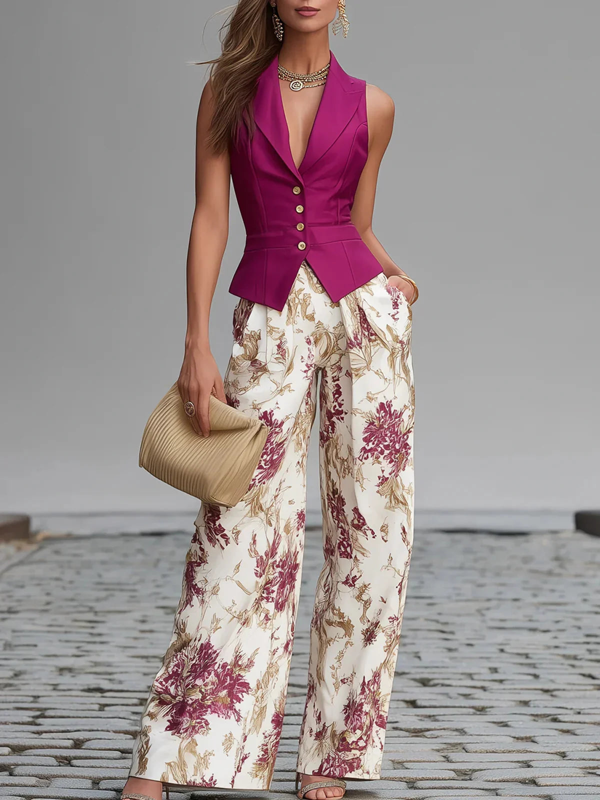 Malena Chaleco Rosa sin Mangas y Pantalón Ancho con Estampado Floral