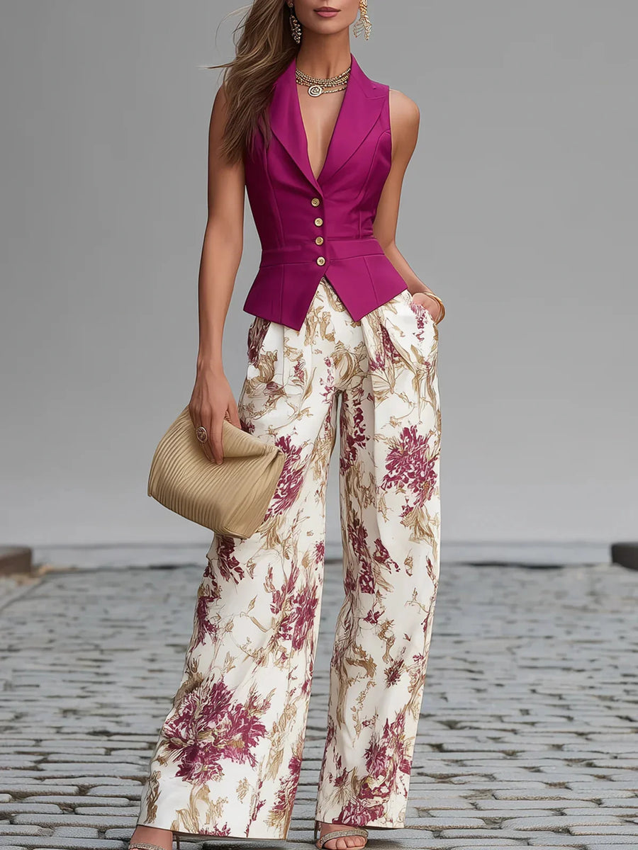 Malena Chaleco Rosa sin Mangas y Pantalón Ancho con Estampado Floral
