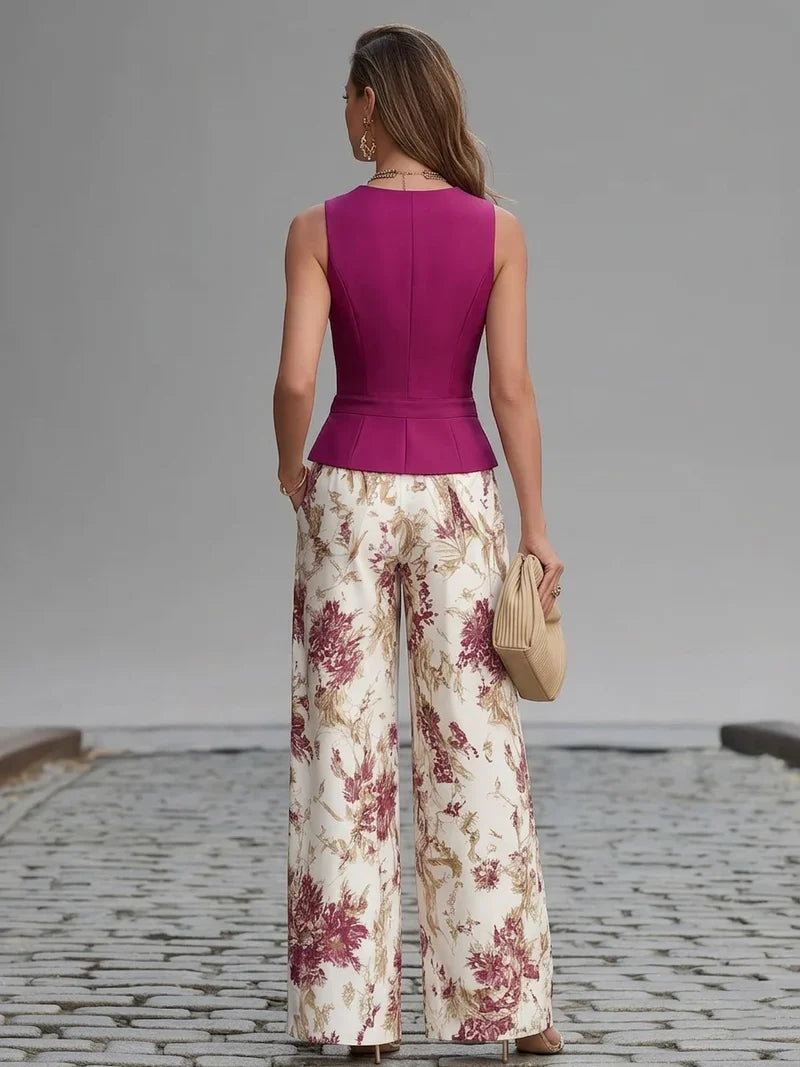 Malena Chaleco Rosa sin Mangas y Pantalón Ancho con Estampado Floral