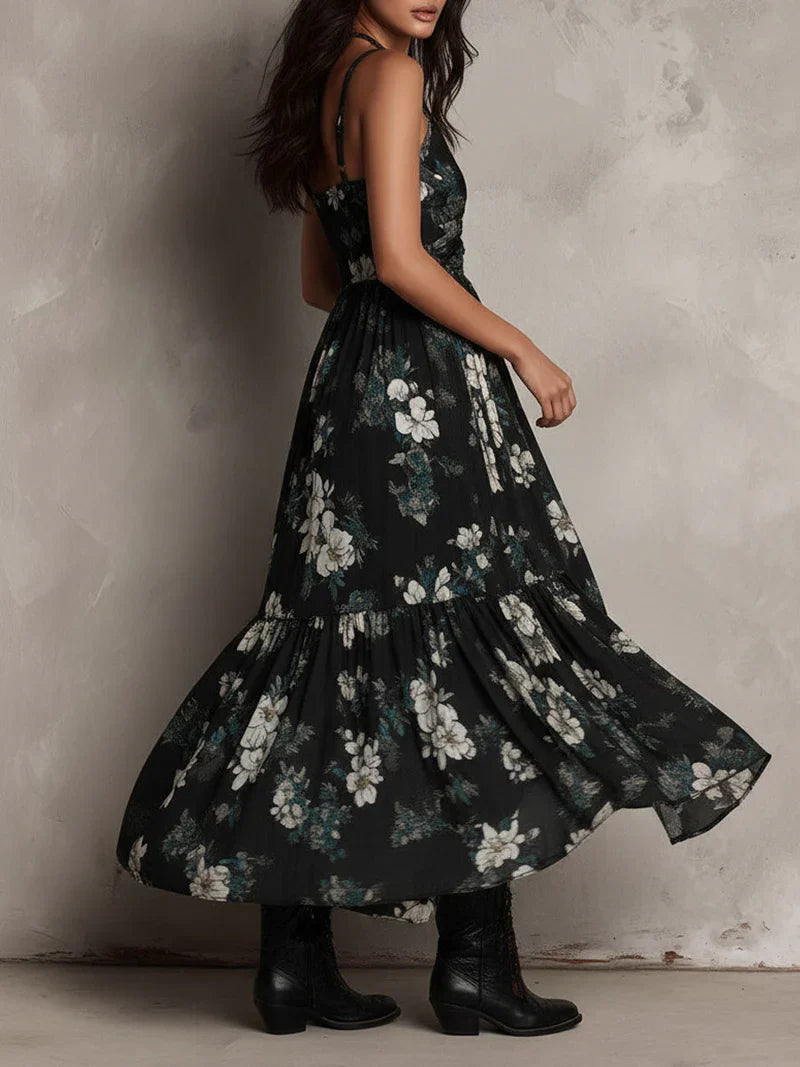 Sandra Vestido Maxi Asimétrico sin Tirantes con Estampado Floral Bohemio Negro