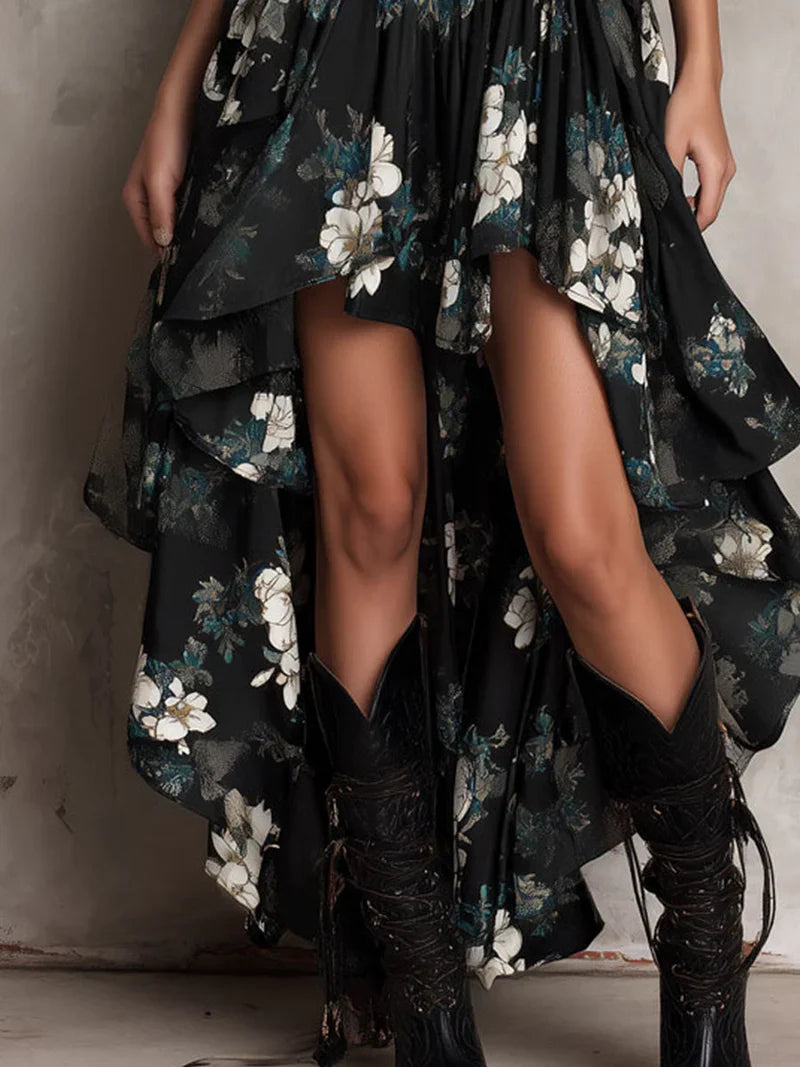 Sandra Vestido Maxi Asimétrico sin Tirantes con Estampado Floral Bohemio Negro