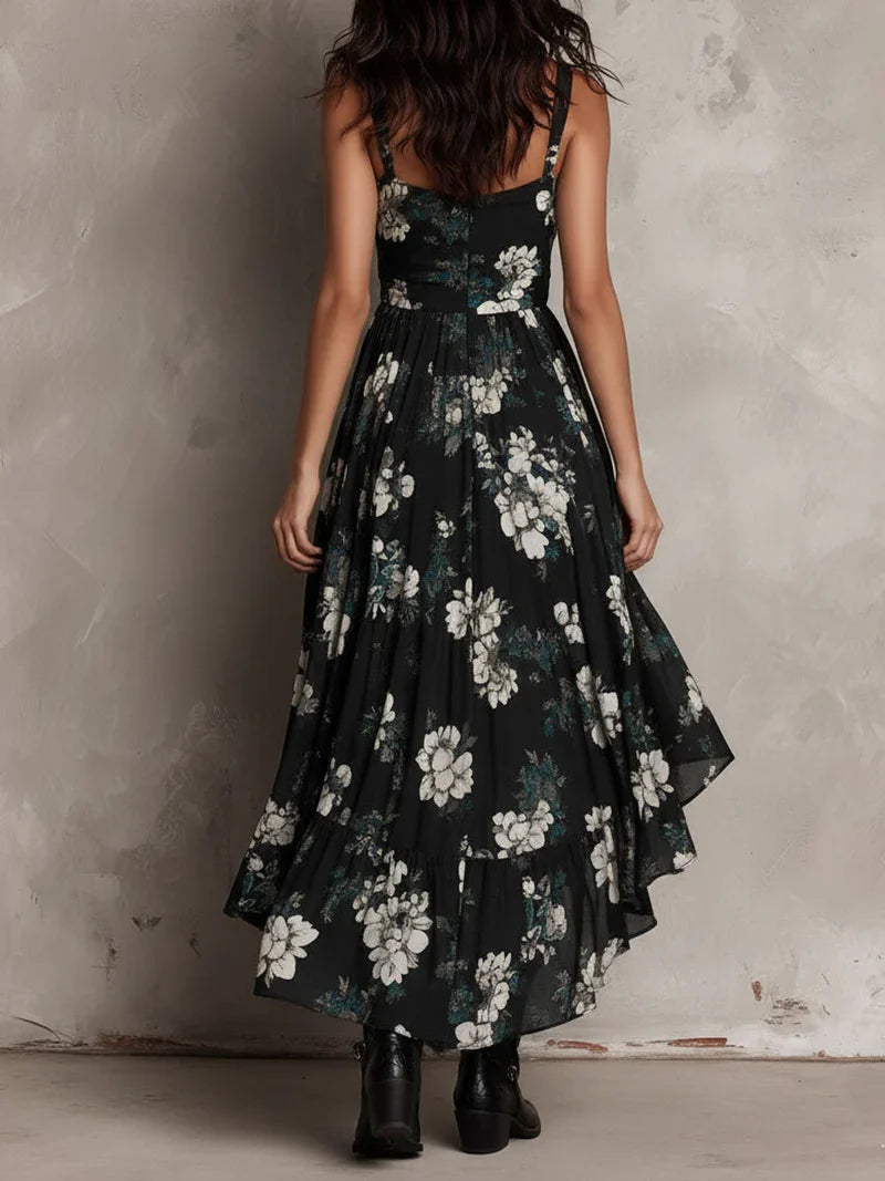 Sandra Vestido Maxi Asimétrico sin Tirantes con Estampado Floral Bohemio Negro