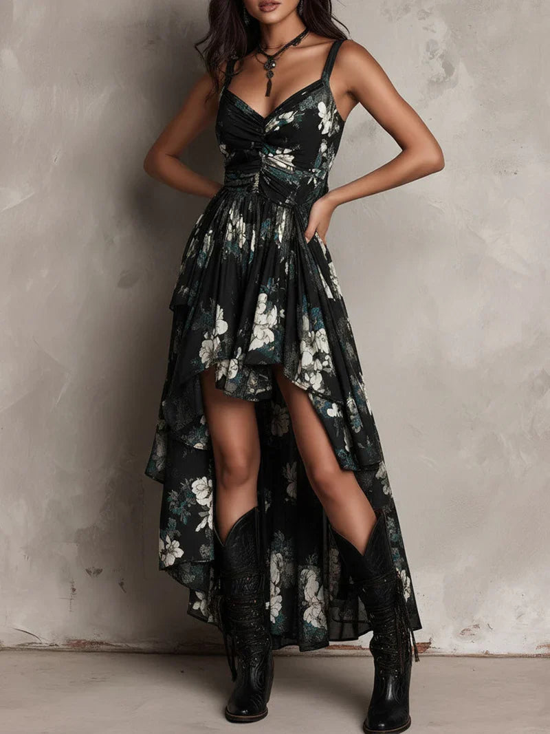 Sandra Vestido Maxi Asimétrico sin Tirantes con Estampado Floral Bohemio Negro