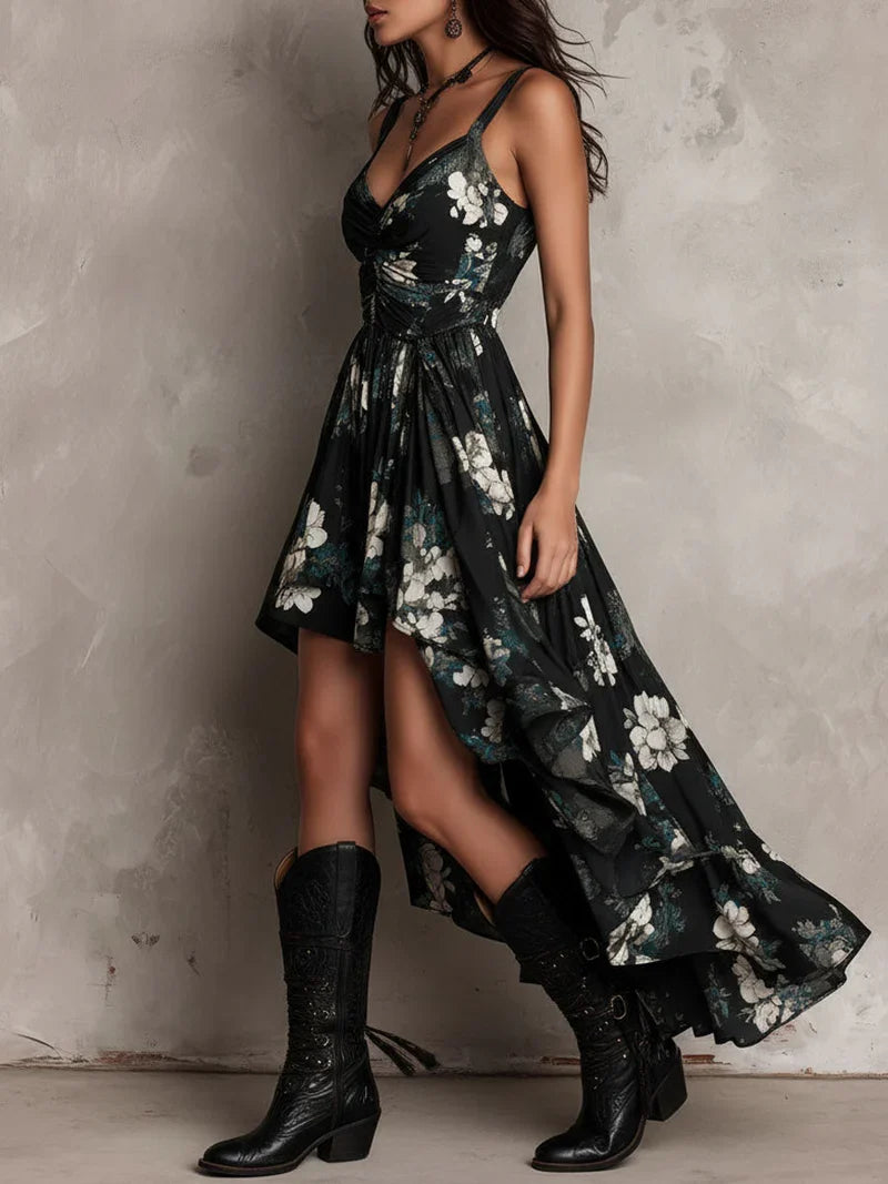 Sandra Vestido Maxi Asimétrico sin Tirantes con Estampado Floral Bohemio Negro