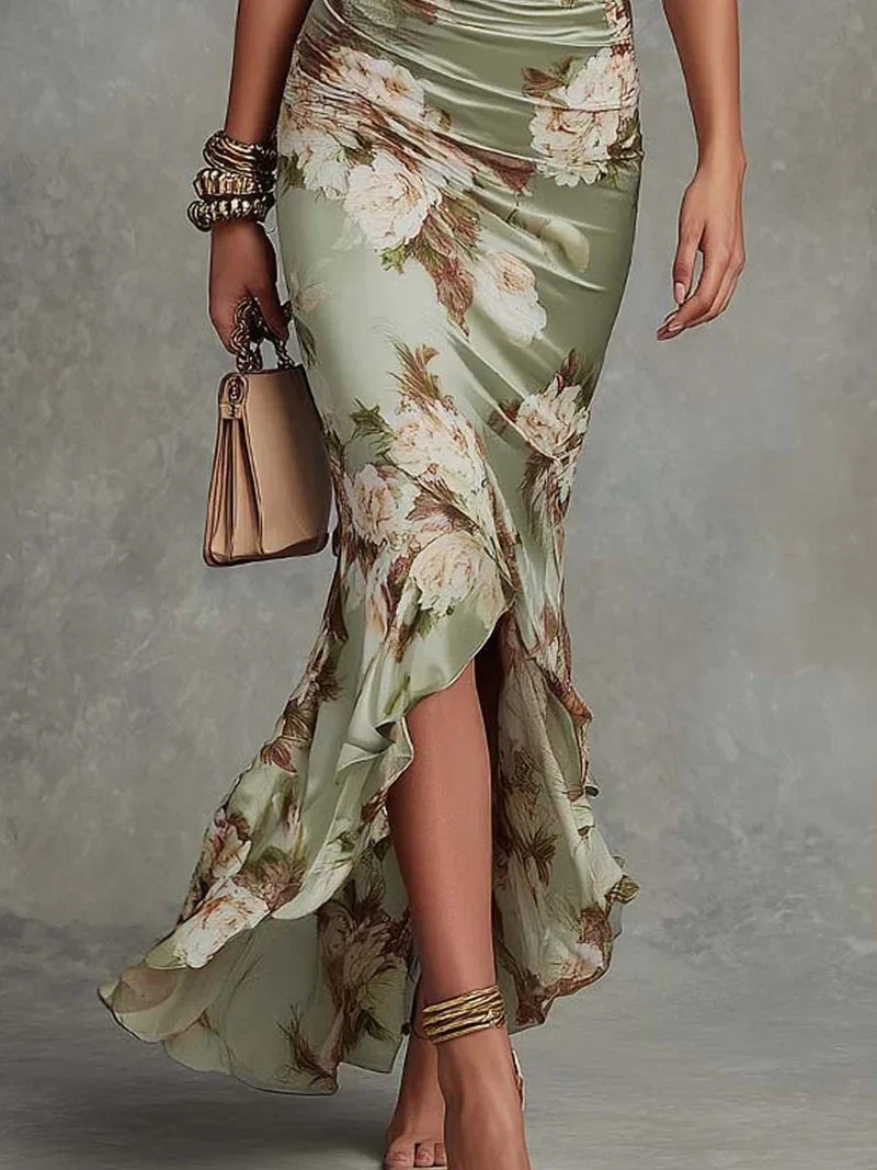 Valentina Vestido Maxi Asimétrico Verde con Estampado Floral, Escote en V y Mangas Acampanadas con Volantes