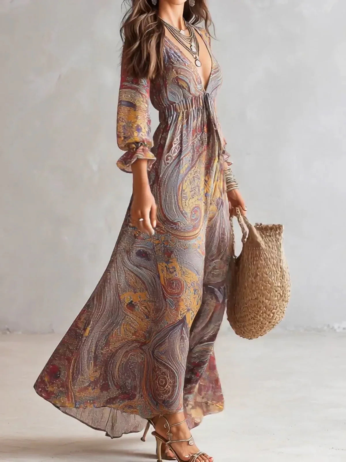 Laura Vestido Maxi de Chiffon con Estampado Paisley y Escote en V