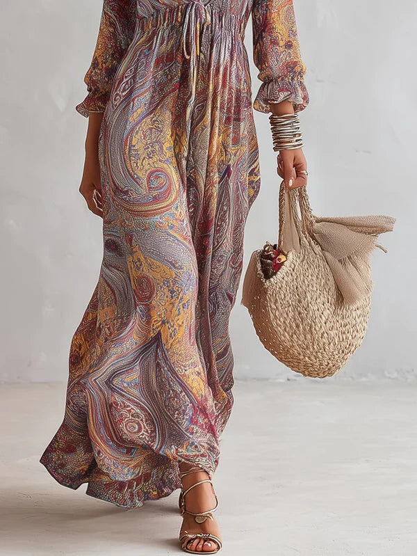 Laura Vestido Maxi de Chiffon con Estampado Paisley y Escote en V