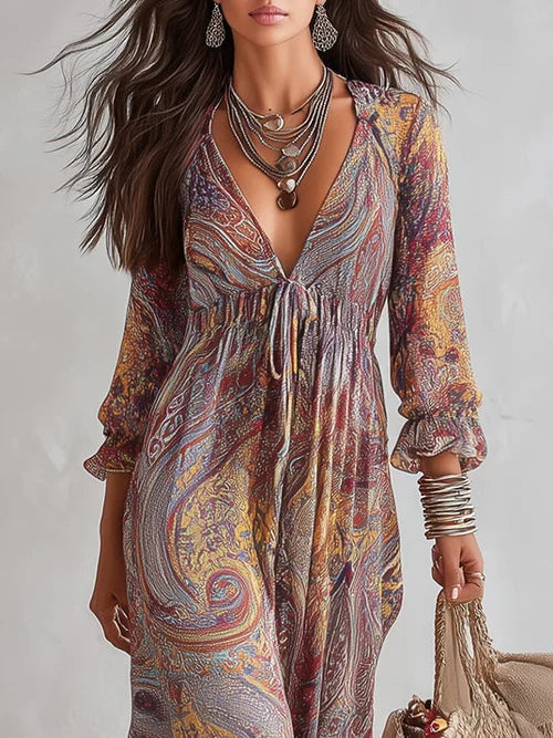 Laura Vestido Maxi de Chiffon con Estampado Paisley y Escote en V