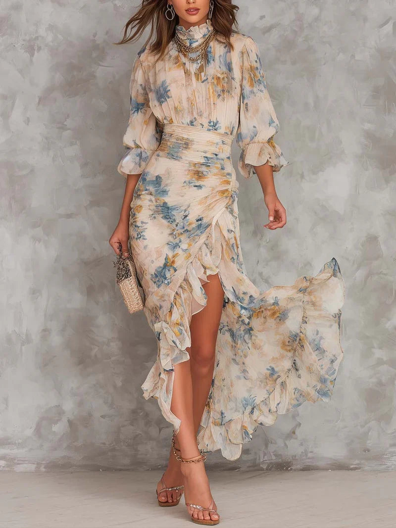 Aitana Vestido Maxi de Gasa con Estampado Floral, Cuello Alto y Bajo Asimétrico Beige