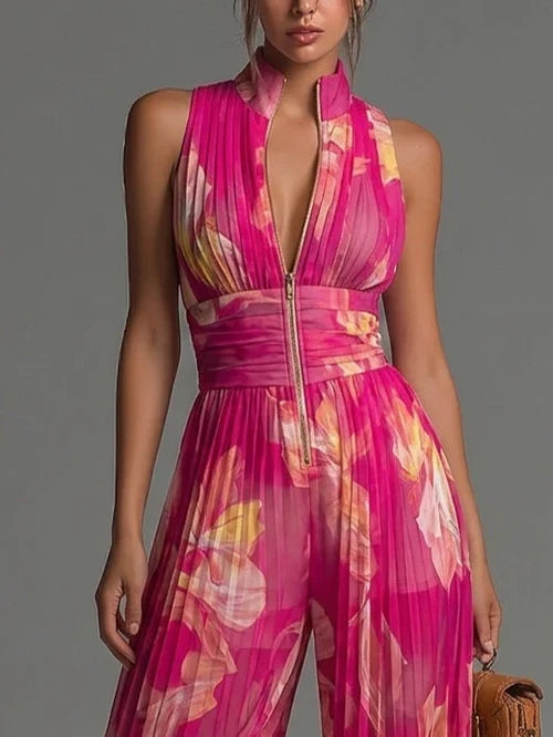 Cayetana Mono Sin Mangas de Gasa Plisada con Cremallera y Estampado Floral Fucsia