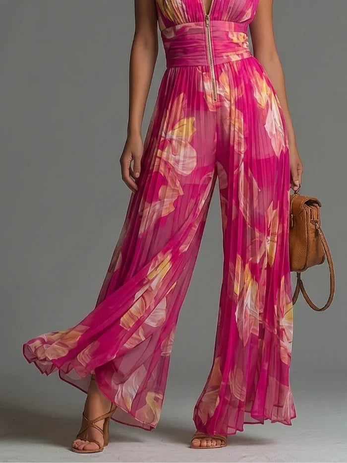 Cayetana Mono Sin Mangas de Gasa Plisada con Cremallera y Estampado Floral Fucsia