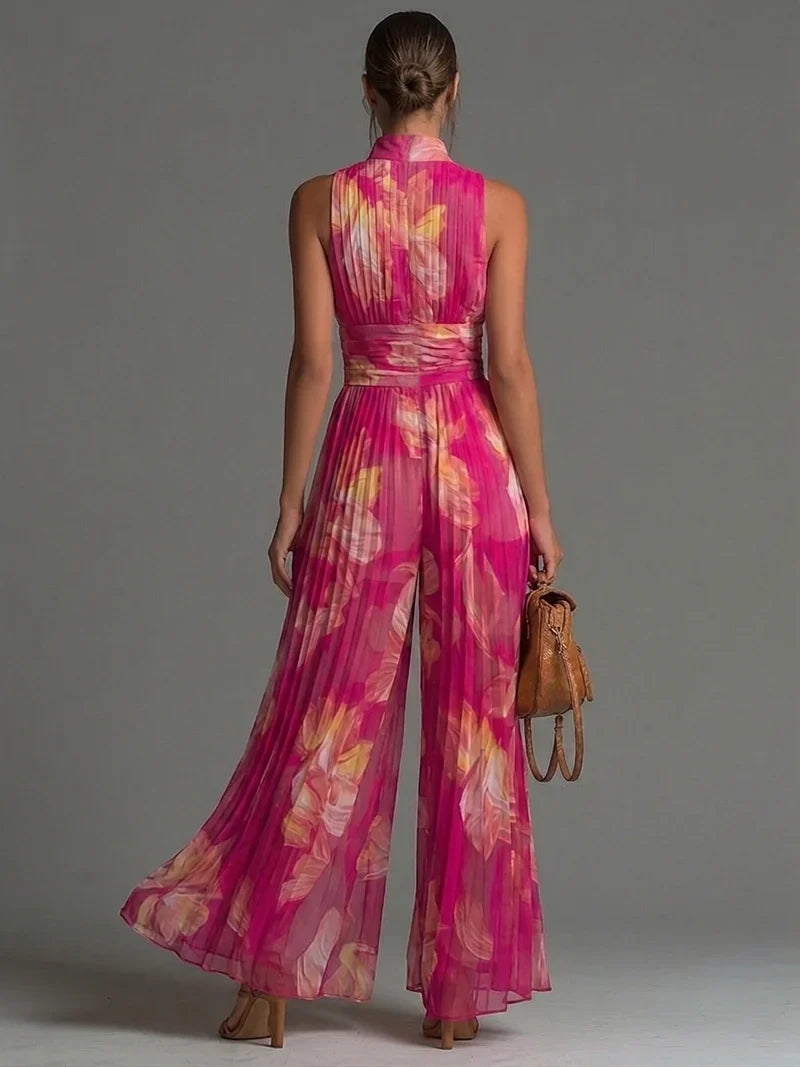 Cayetana Mono Sin Mangas de Gasa Plisada con Cremallera y Estampado Floral Fucsia