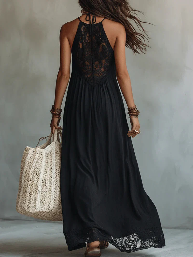 Triana Vestido Maxi Negro Sin Mangas con Detalles de Encaje Bohemio Precio rebajado