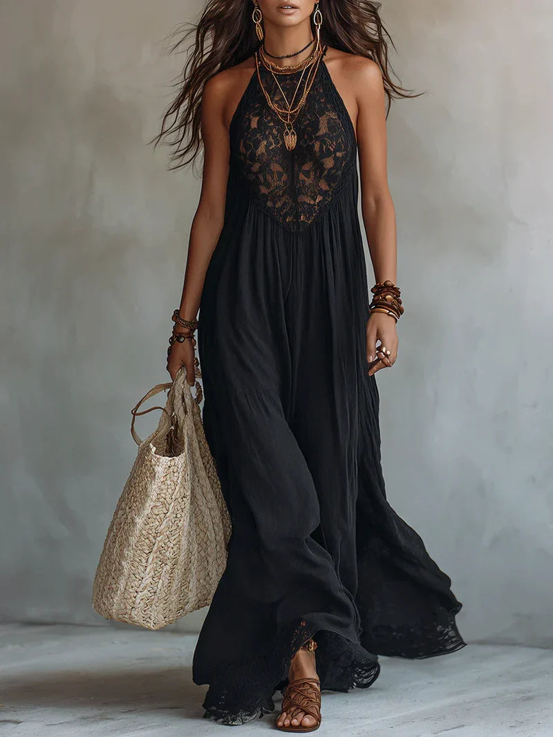 Triana Vestido Maxi Negro Sin Mangas con Detalles de Encaje Bohemio Precio rebajado