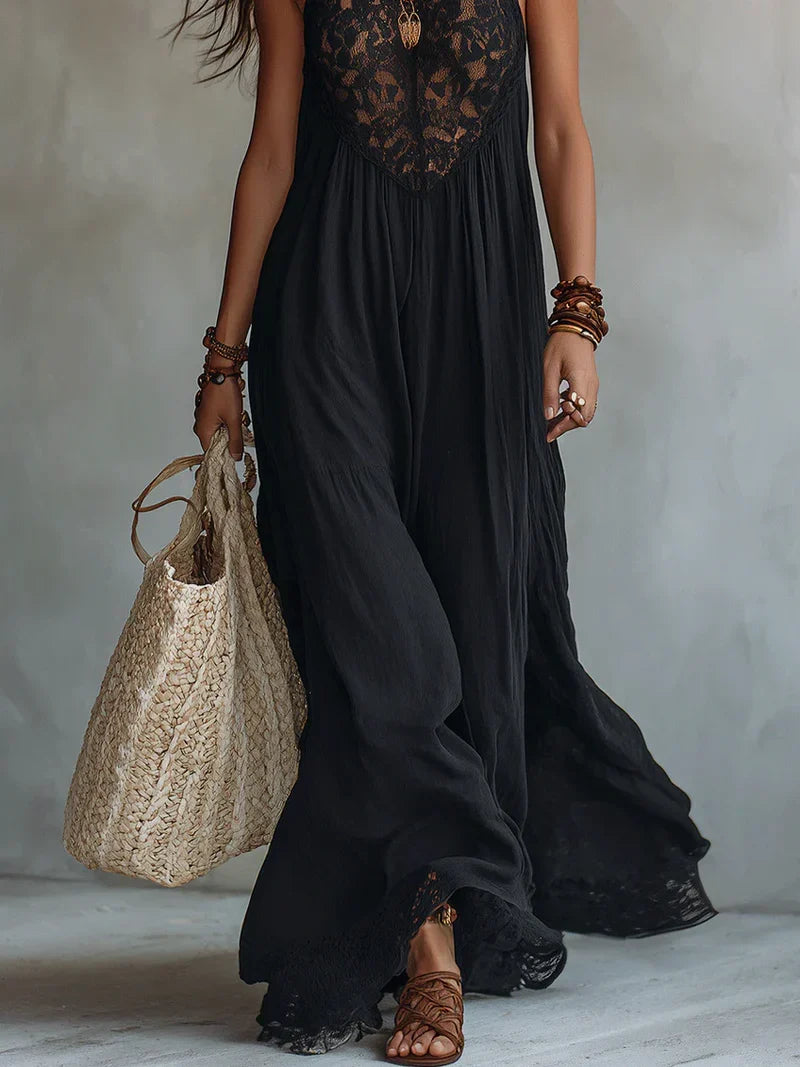 Triana Vestido Maxi Negro Sin Mangas con Detalles de Encaje Bohemio Precio rebajado