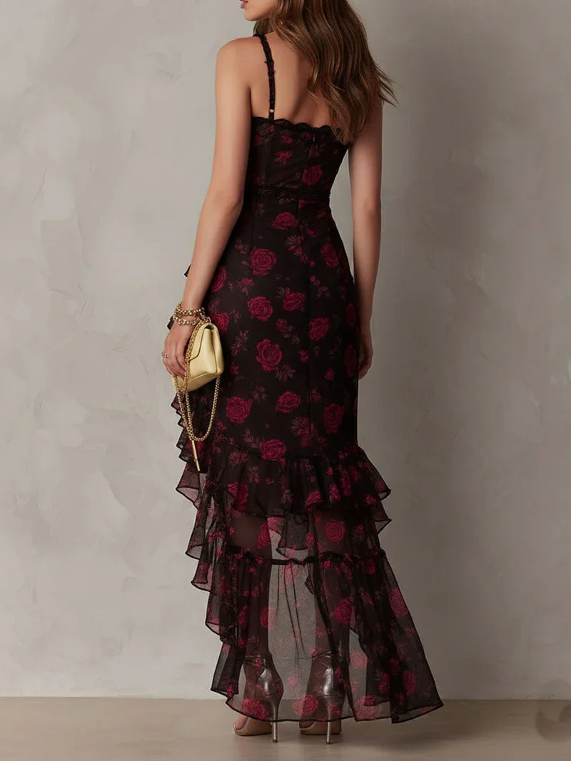 Lucía Vestido Chic Negro y Rojo con Estampado Floral y Volantes en el Bajo