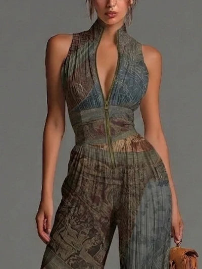 María Mono de Chiffon sin Mangas con Estampado Étnico Bohemio, Cremallera y Pernera Ancha Plisada