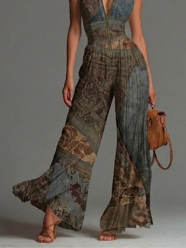 María Mono de Chiffon sin Mangas con Estampado Étnico Bohemio, Cremallera y Pernera Ancha Plisada