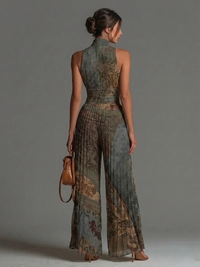 María Mono de Chiffon sin Mangas con Estampado Étnico Bohemio, Cremallera y Pernera Ancha Plisada