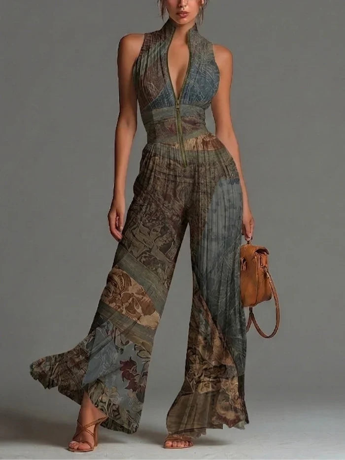 María Mono de Chiffon sin Mangas con Estampado Étnico Bohemio, Cremallera y Pernera Ancha Plisada