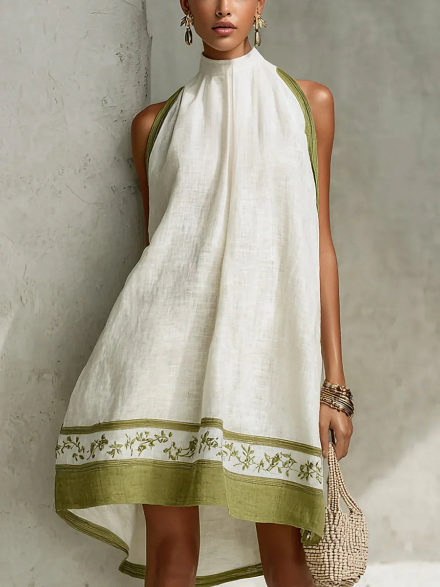 Ofelia Vestido Mini en Línea A Blanco y Verde Oliva con Estampado Floral sin Mangas
