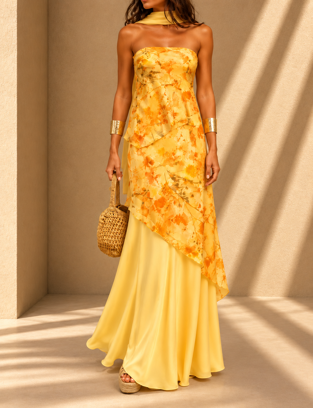 Amelia Vestido Maxi Floral con Escote Palabra de Honor