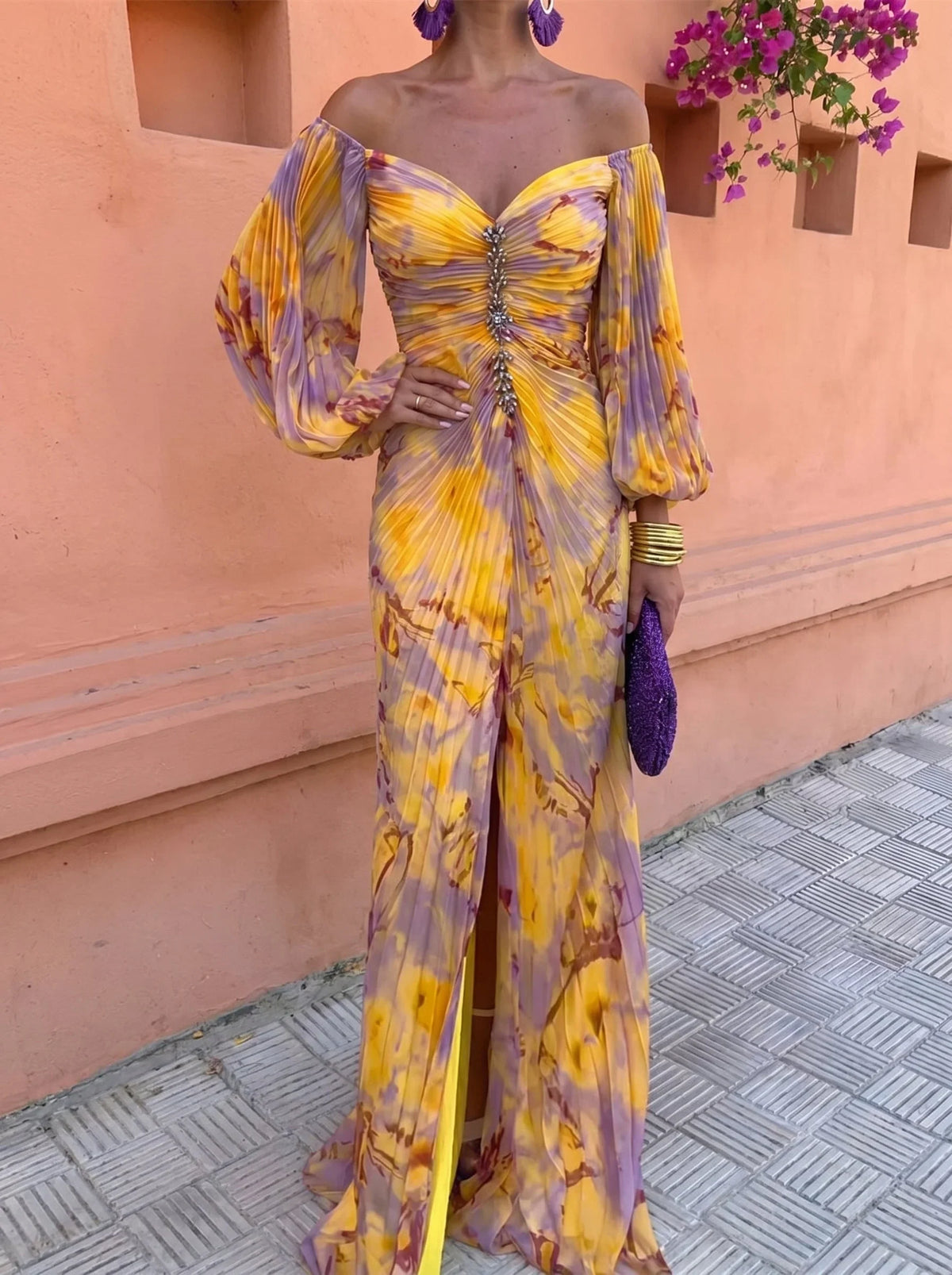 Coleta Vestido Maxi Estampado con Fruncido Central
