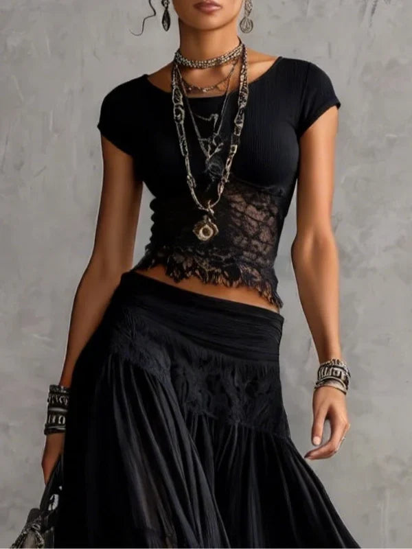 Vega Conjunto de Top de Encaje Negro Semitransparente y Falda Maxi Plisada